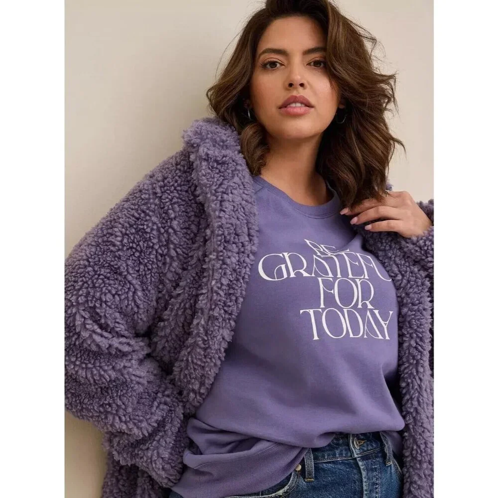 Torrid 0 Maxi Coat Size 12 Purple Soft Sherpa Open Front Lined NWT - Picture 4 of 15